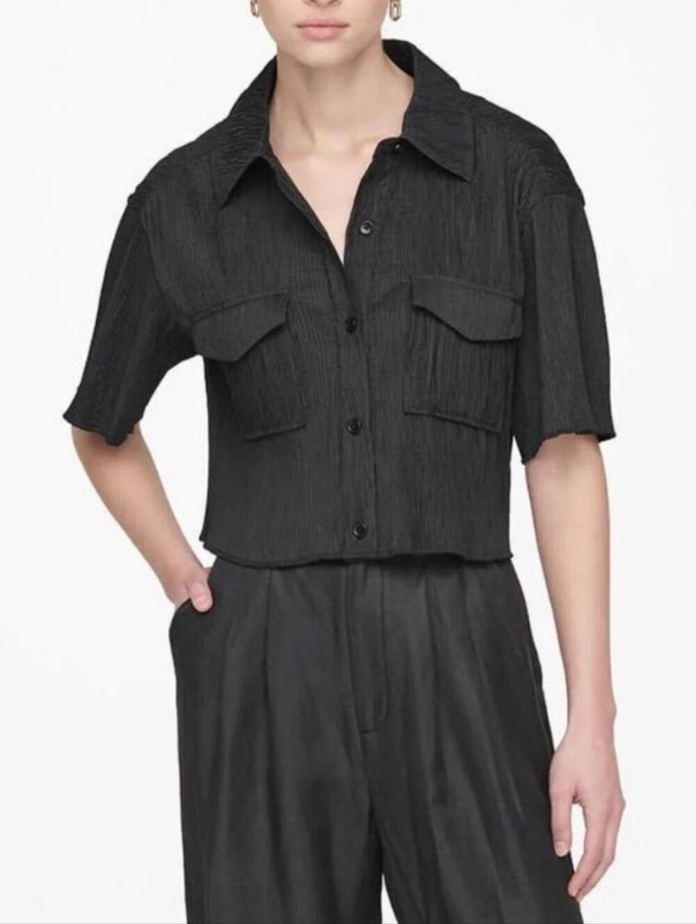 Anine Bing Scout Cropped Boxy Shirt in Black Size S